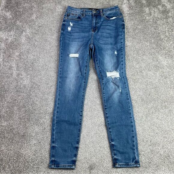 Judy Blue Jeans Women's 7/28 Blue Skinny High Rise Dark Denim Distressed - Picture 1 of 12